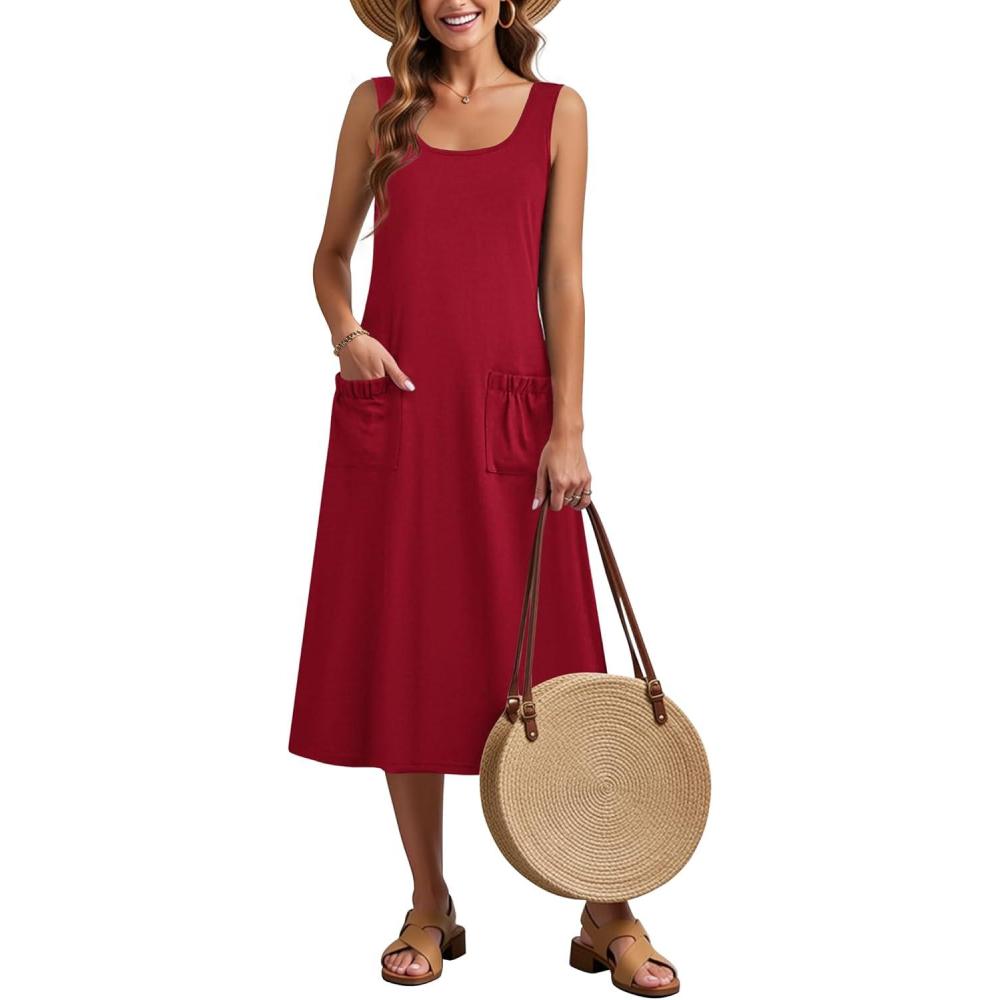 imageZeagoo Dresses for Women 2026 Casual Summer Midi Sleeveless Dress A Line Crewneck Beach Vacation Tank Sundresses with PocketsRedtr