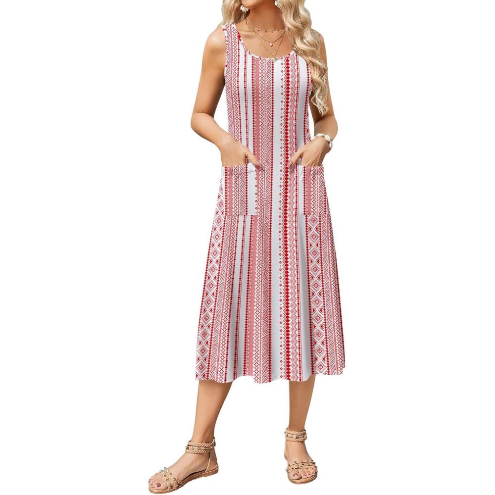 imageZeagoo Dresses for Women 2026 Casual Summer Midi Sleeveless Dress A Line Crewneck Beach Vacation Tank Sundresses with PocketsWhitered Patternmz772