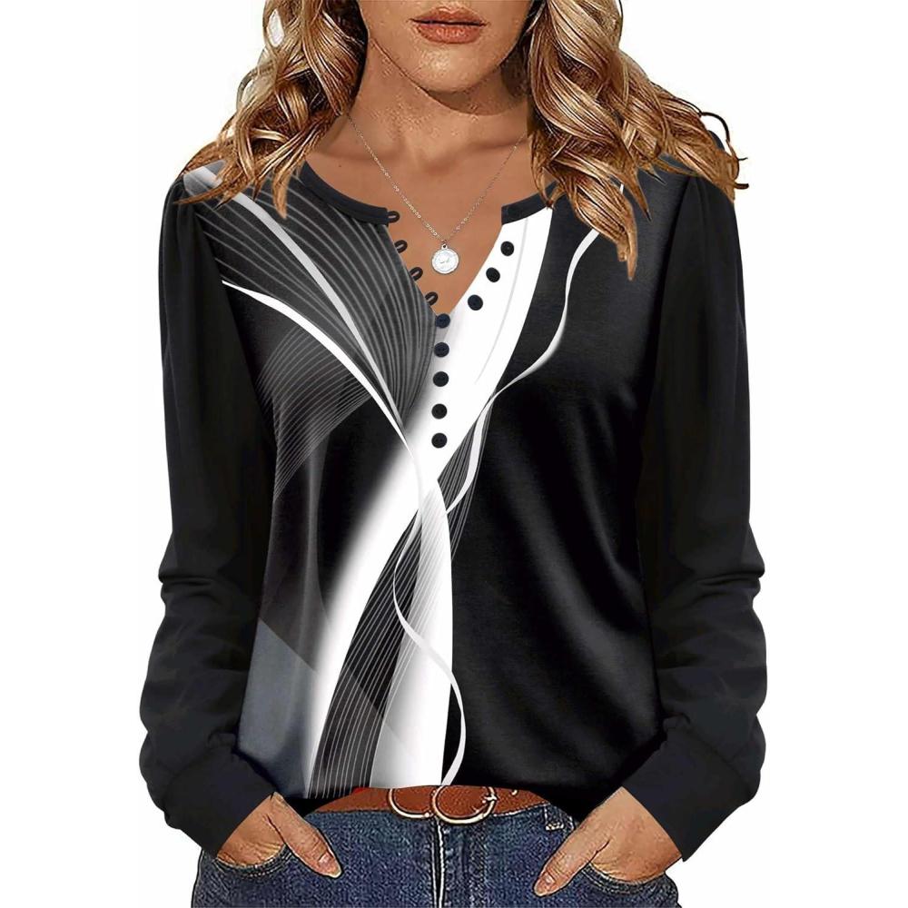 imageZeagoo Fall Tops for Women Long Sleeve Button Up Shirts Floral Tunics V Neck Pullover BlouseBlack Colorblock