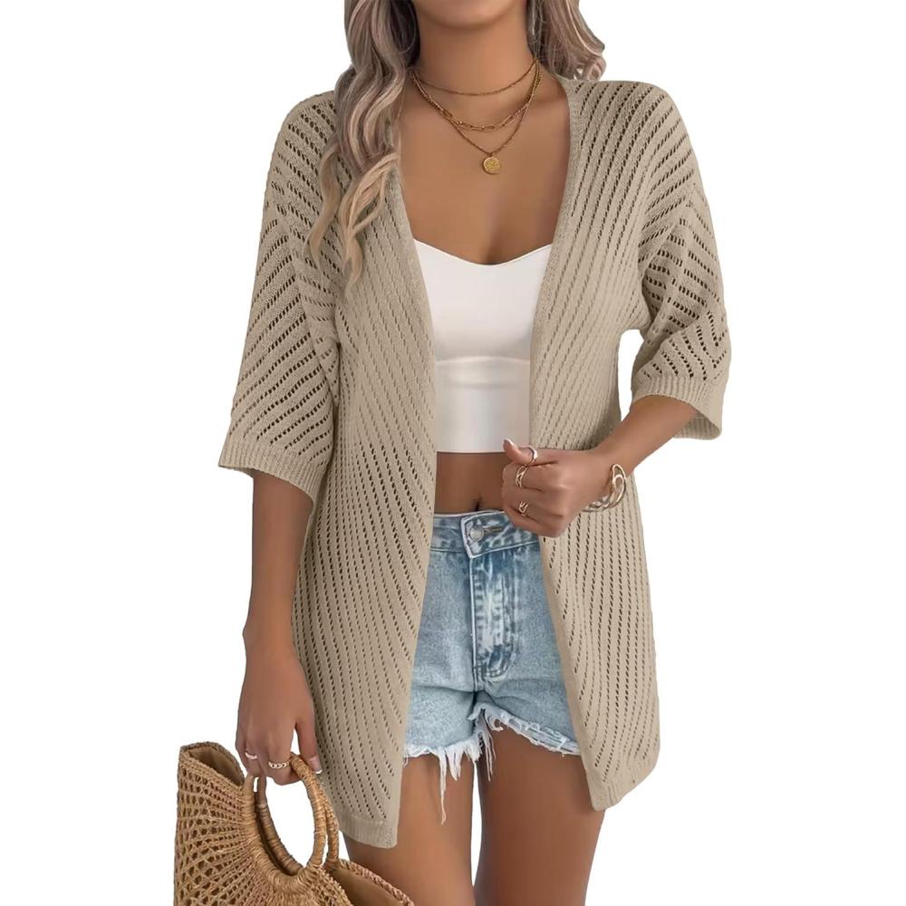 imageZeagoo Lightweight Summer Cardigan for Women Short Sleeve V Neck Crochet Kimonos Loose Open Front Hollow Out Cover UpsBeige