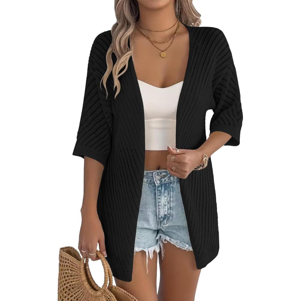 imageZeagoo Lightweight Summer Cardigan for Women Short Sleeve V Neck Crochet Kimonos Loose Open Front Hollow Out Cover UpsBlack