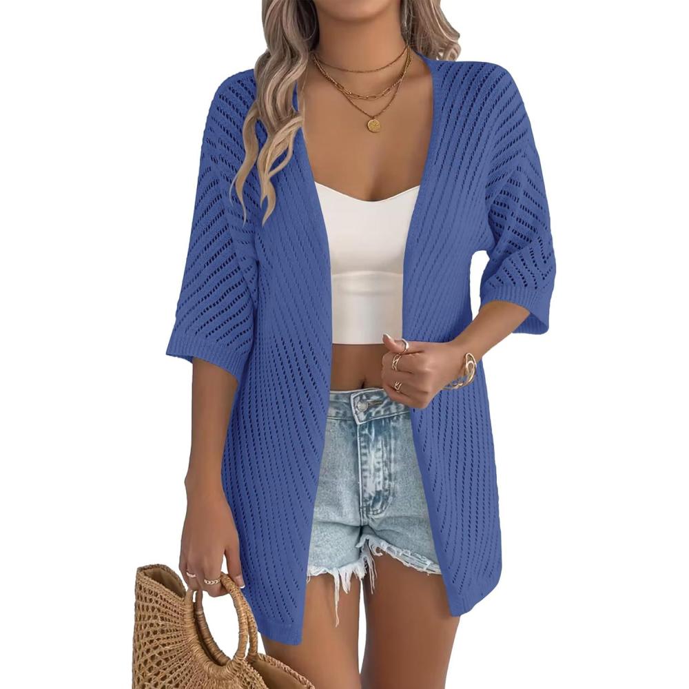 imageZeagoo Lightweight Summer Cardigan for Women Short Sleeve V Neck Crochet Kimonos Loose Open Front Hollow Out Cover UpsBlue