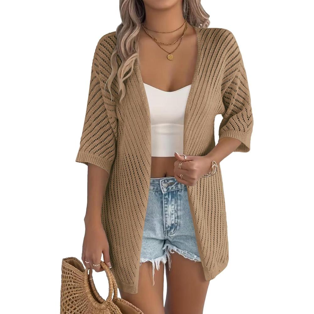 imageZeagoo Lightweight Summer Cardigan for Women Short Sleeve V Neck Crochet Kimonos Loose Open Front Hollow Out Cover UpsBrown