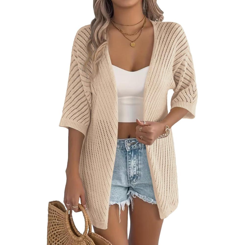 imageZeagoo Lightweight Summer Cardigan for Women Short Sleeve V Neck Crochet Kimonos Loose Open Front Hollow Out Cover UpsKhaki