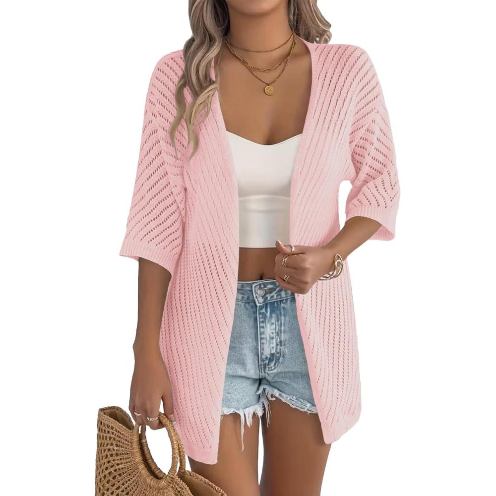 imageZeagoo Lightweight Summer Cardigan for Women Short Sleeve V Neck Crochet Kimonos Loose Open Front Hollow Out Cover UpsPink