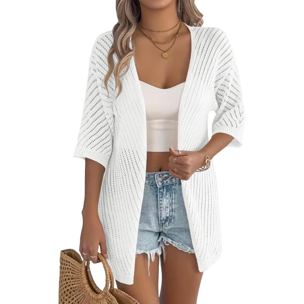 imageZeagoo Lightweight Summer Cardigan for Women Short Sleeve V Neck Crochet Kimonos Loose Open Front Hollow Out Cover UpsWhite