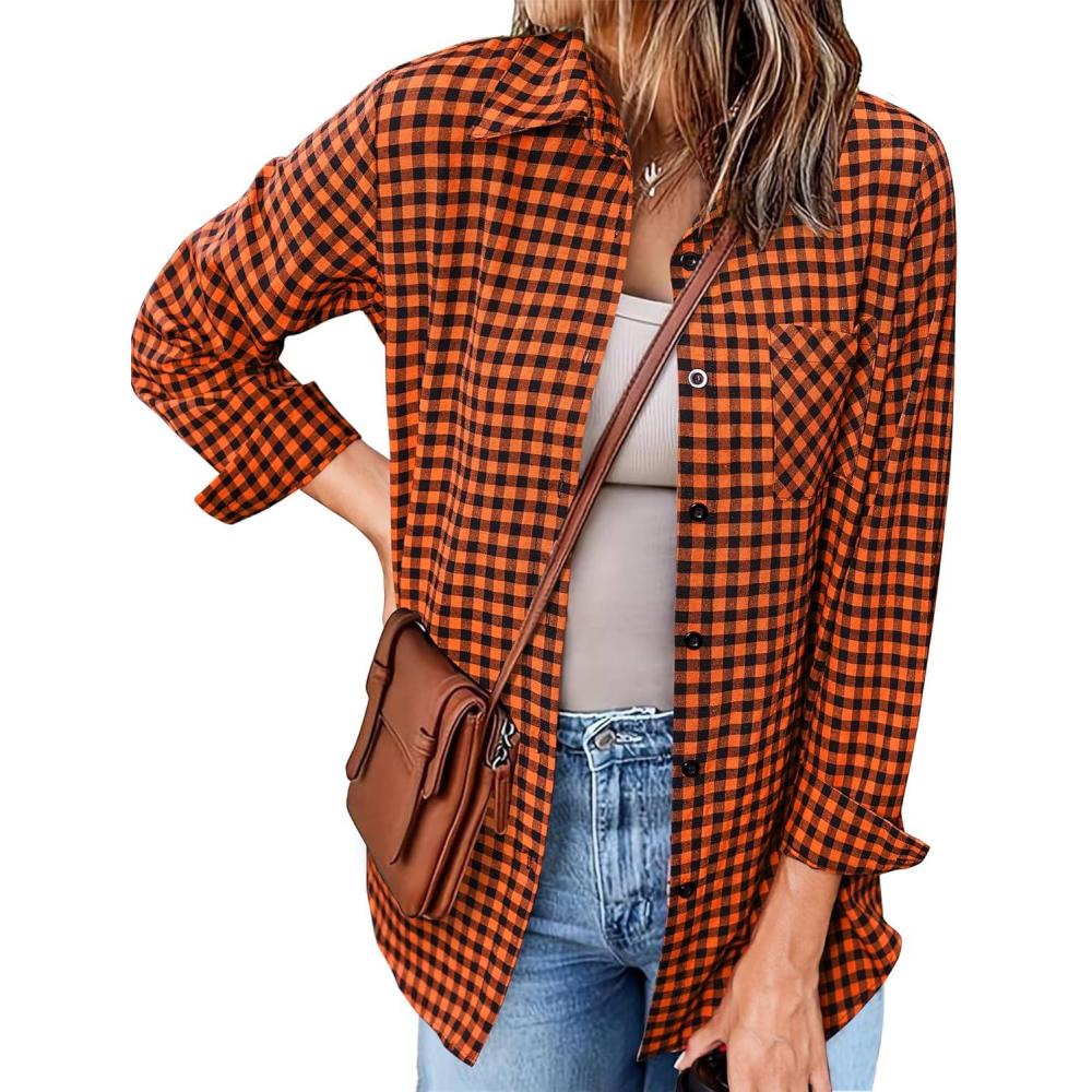 imageZeagoo Long Sleeve Plaid Shirt for Women Button Down Shirts Buffalo Shackets Business Casual BlousesOrange 490