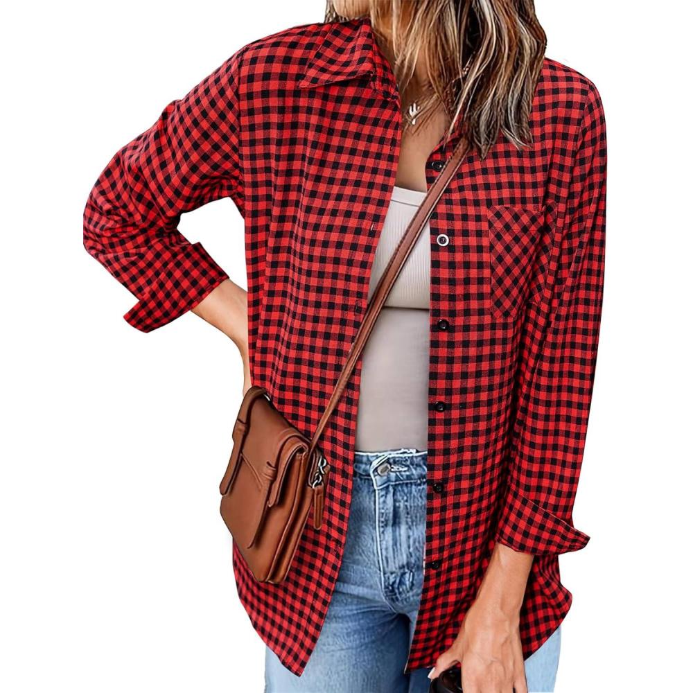 imageZeagoo Long Sleeve Plaid Shirt for Women Button Down Shirts Buffalo Shackets Business Casual BlousesRed 490