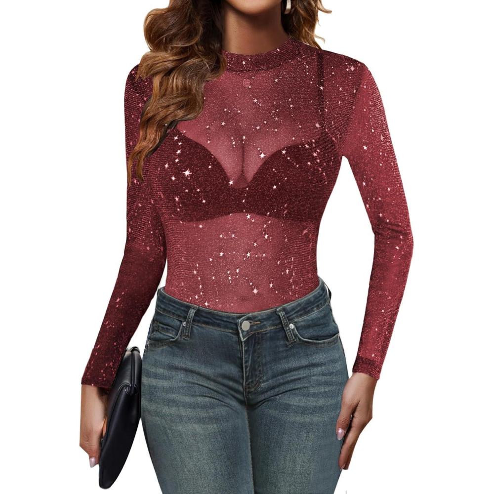 imageZeagoo Mesh Top Women Long Sleeve Shirts See Through Party Layering Mock Neck 2024 Fall Sheer Undershirt