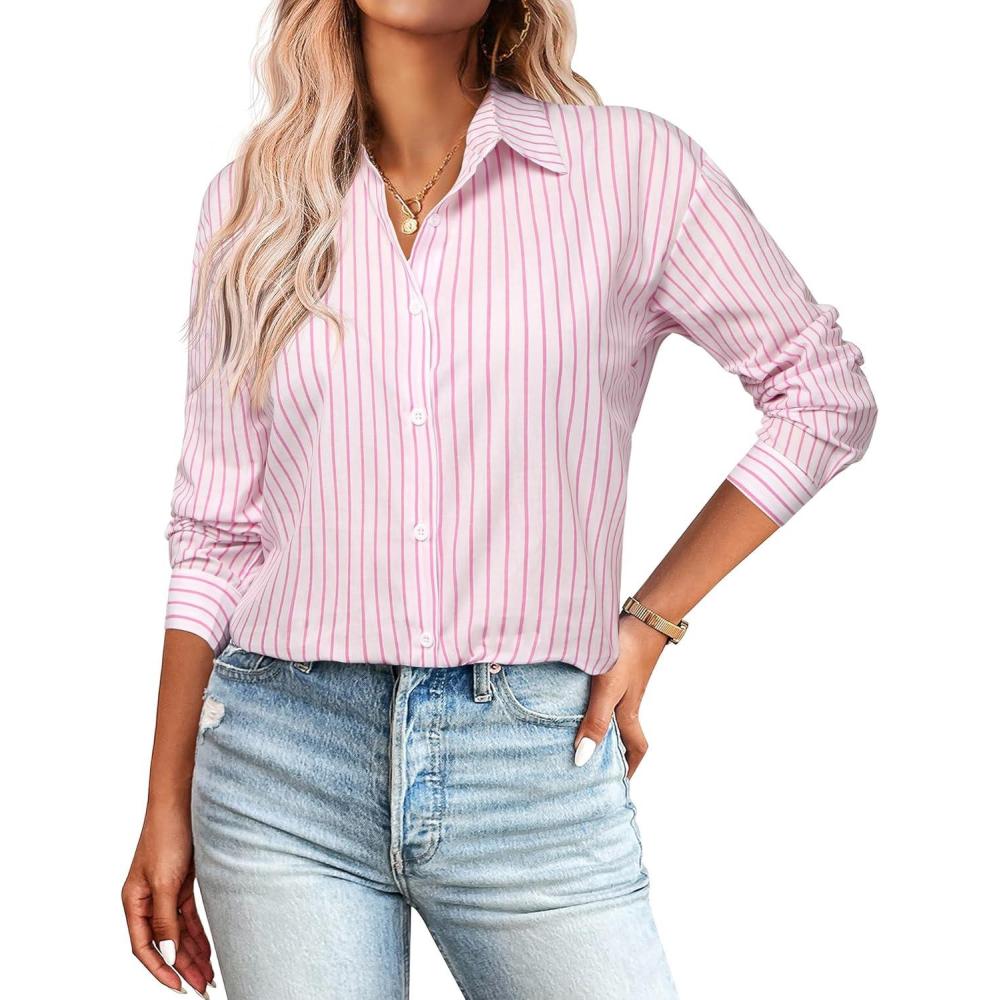 imageZeagoo Striped Button Down Shirts for Women Casual Loose Long Sleeve Shirts Business Work Tunic Top