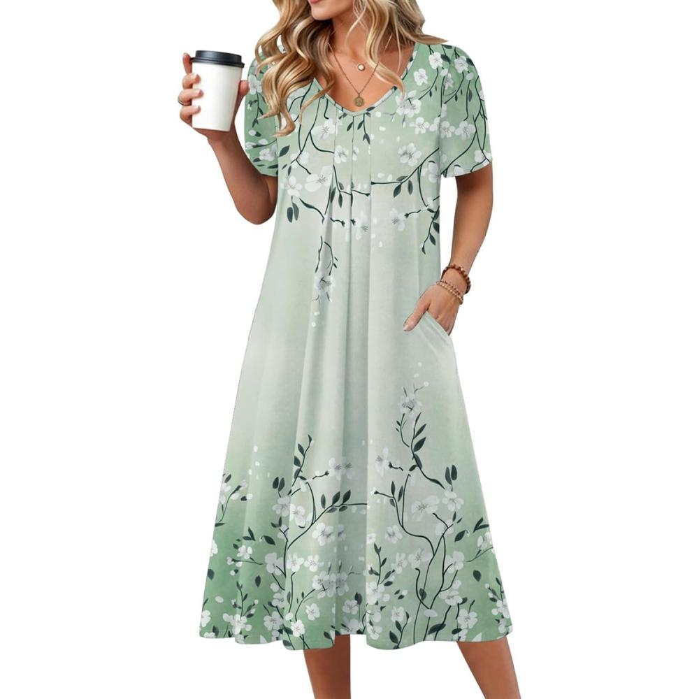 imageZeagoo Summer Dress for Women Casual Floral Midi Sundress with Pockets V Neck Pleated Short Sleeve Aline Beach Vacation DressFloral Printed6