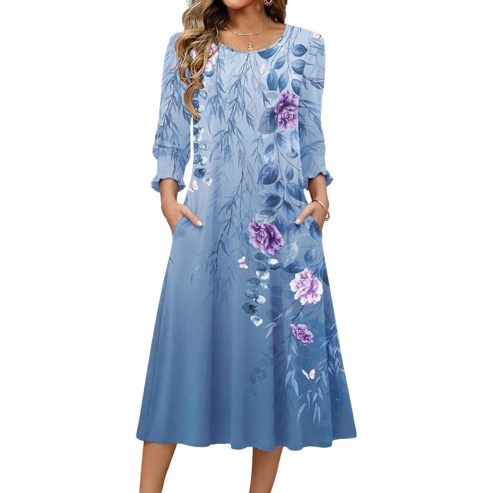 imageZeagoo Summer Dresses for Women 2026 34 Sleeve Dress for Women Floral Midi Dresses for Casual Womens Dresses with PocketsFloralbf171