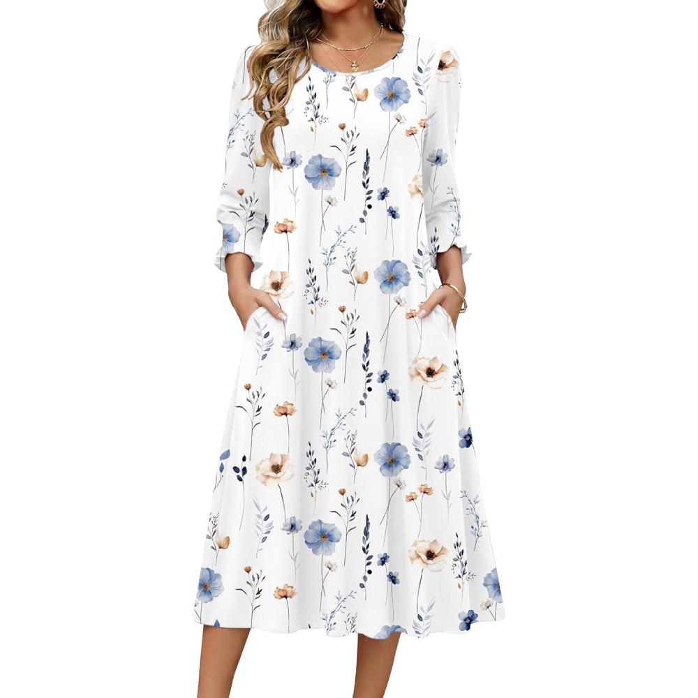 imageZeagoo Summer Dresses for Women 2026 34 Sleeve Dress for Women Floral Midi Dresses for Casual Womens Dresses with PocketsFloralbf290