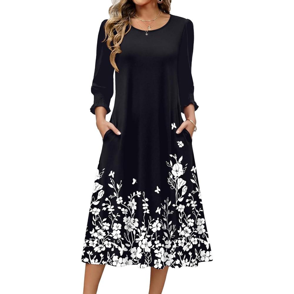 imageZeagoo Summer Dresses for Women 2026 34 Sleeve Dress for Women Floral Midi Dresses for Casual Womens Dresses with PocketsFloralsf100