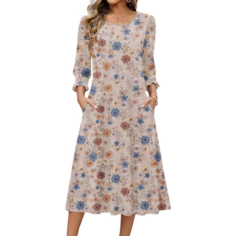 imageZeagoo Summer Dresses for Women 2026 34 Sleeve Dress for Women Floral Midi Dresses for Casual Womens Dresses with PocketsFloralsf170
