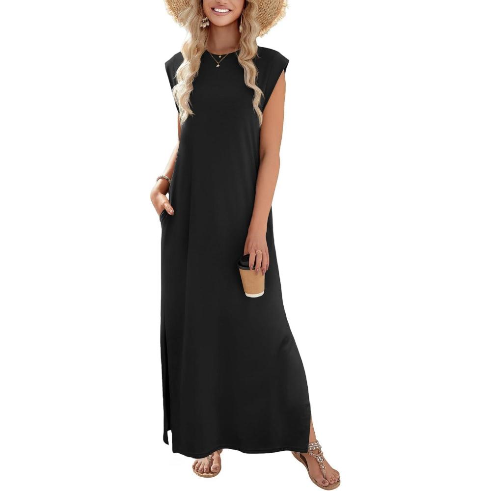 imageZeagoo Summer Dresses for Women 2026 Black Long Maxi Sundresses Loose Split WrinkleFree Beach Travel Vacation ClothesA01black