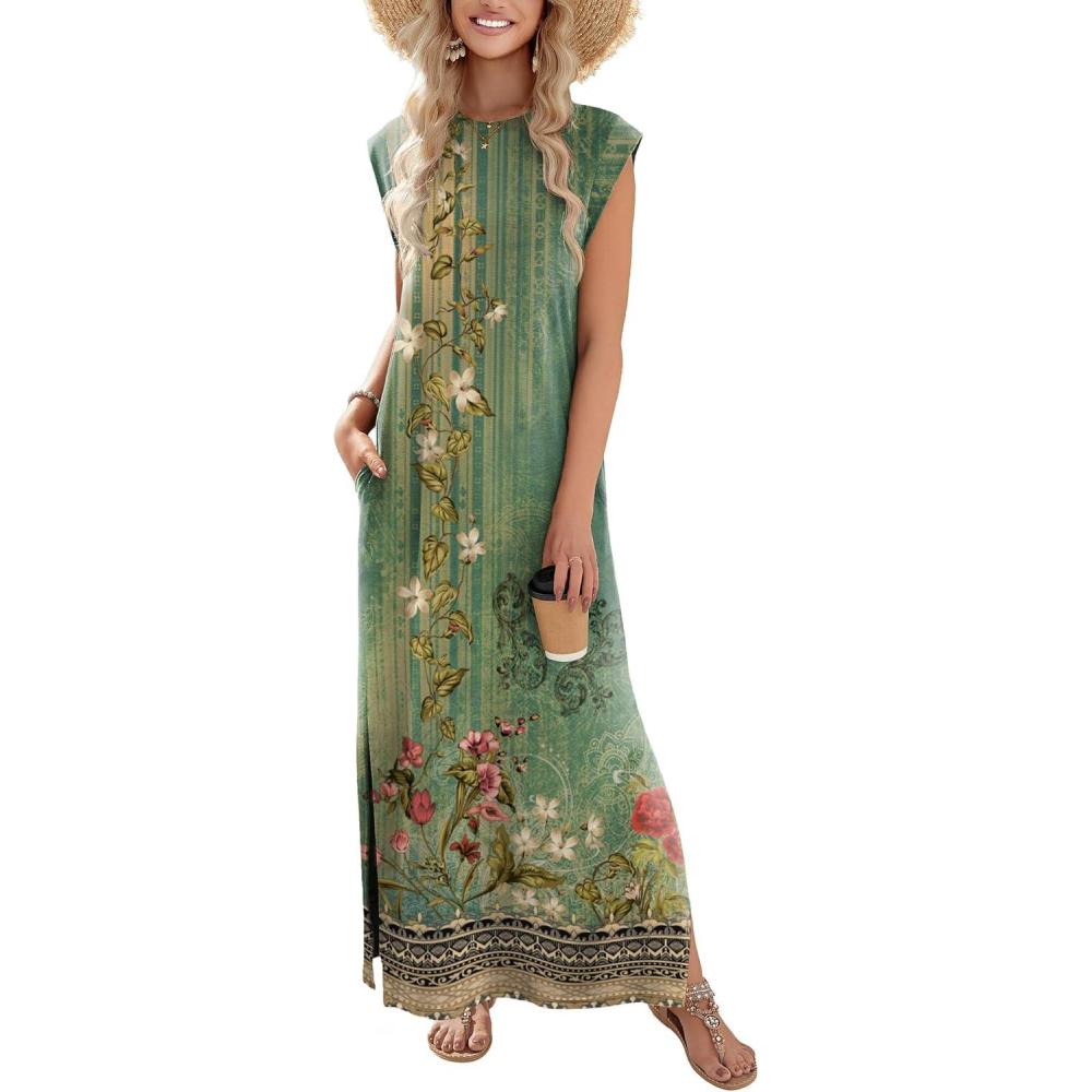 imageZeagoo Summer Dresses for Women 2026 Black Long Maxi Sundresses Loose Split WrinkleFree Beach Travel Vacation ClothesGreen Ethnic Pattern