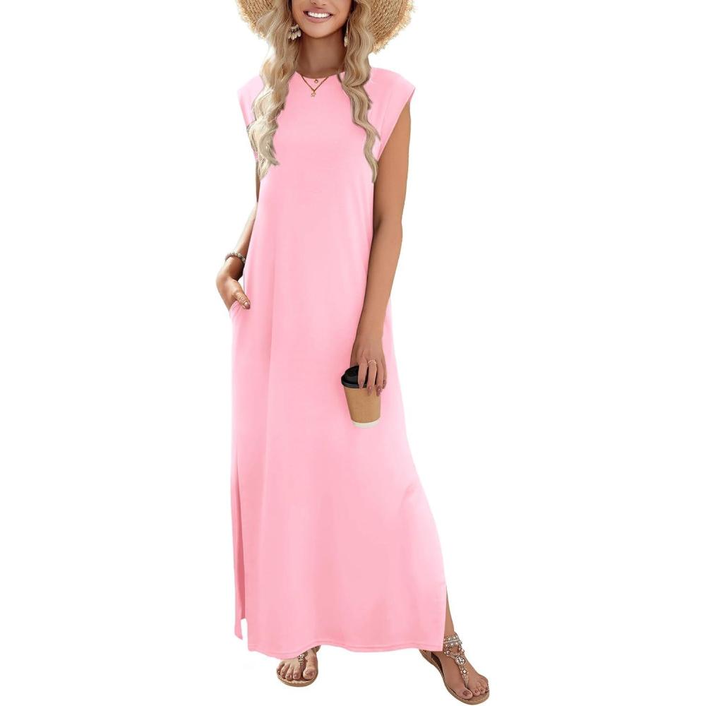 imageZeagoo Summer Dresses for Women 2026 Black Long Maxi Sundresses Loose Split WrinkleFree Beach Travel Vacation ClothesLight Rose