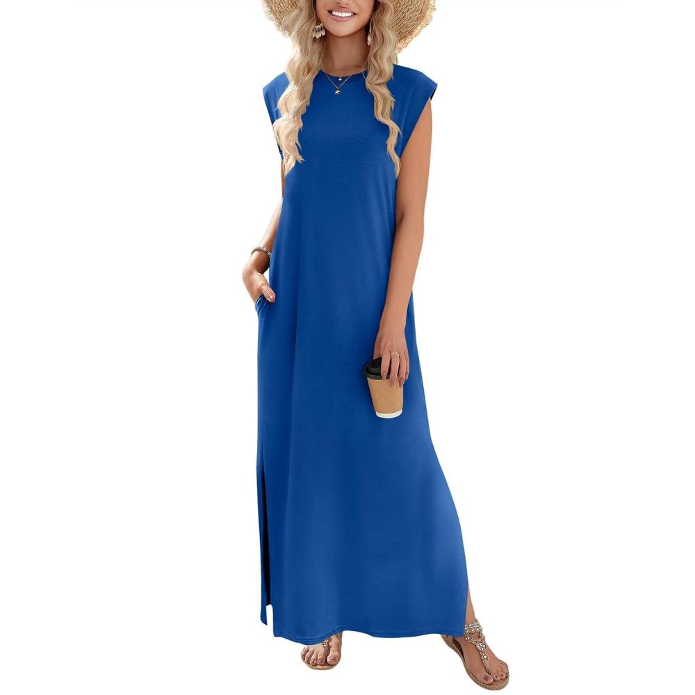 imageZeagoo Summer Dresses for Women 2026 Black Long Maxi Sundresses Loose Split WrinkleFree Beach Travel Vacation ClothesNavy Blue