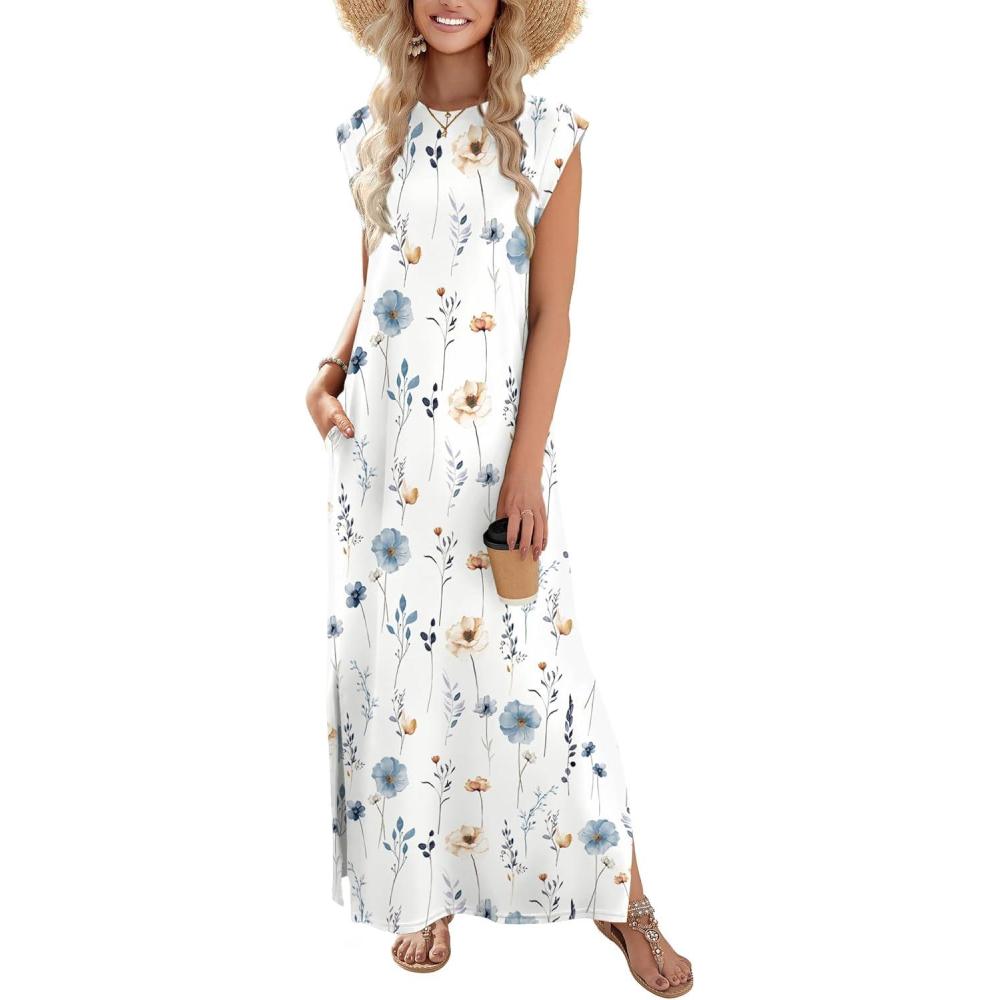 imageZeagoo Summer Dresses for Women 2026 Black Long Maxi Sundresses Loose Split WrinkleFree Beach Travel Vacation ClothesWhite Flowers