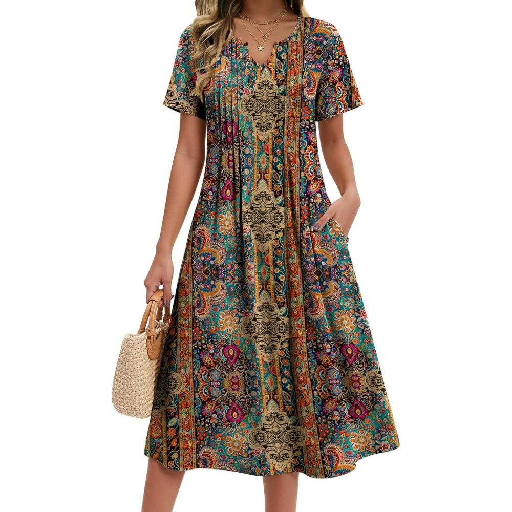 imageZeagoo Summer Dresses for Women 2026 Casual Short Sleeve Aline Midi Dress with Pocket Flowy Pleated Tshirt Beach Sundress01ethnic Print