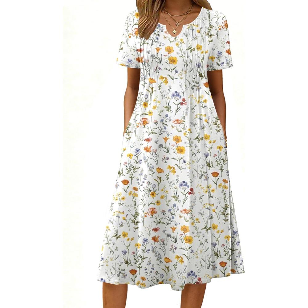 imageZeagoo Summer Dresses for Women 2026 Casual Short Sleeve Aline Midi Dress with Pocket Flowy Pleated Tshirt Beach Sundress02white Floral