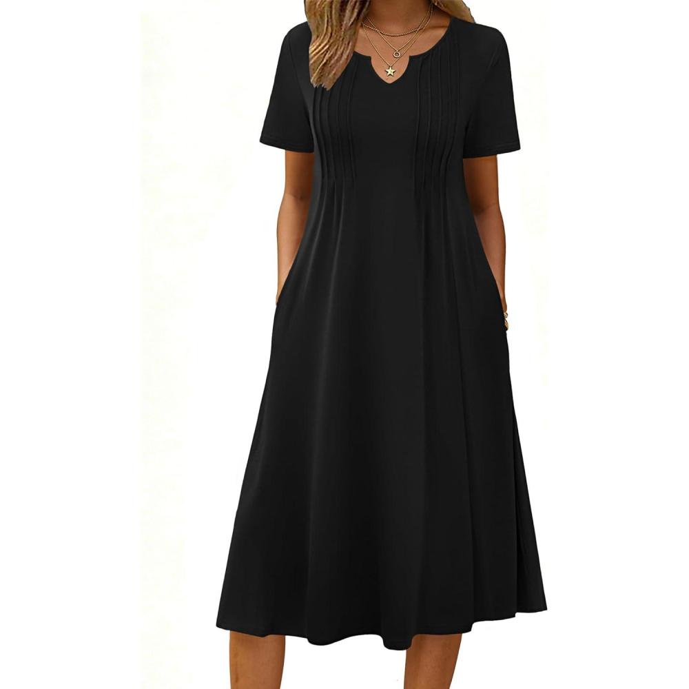 imageZeagoo Summer Dresses for Women 2026 Casual Short Sleeve Aline Midi Dress with Pocket Flowy Pleated Tshirt Beach SundressBlack