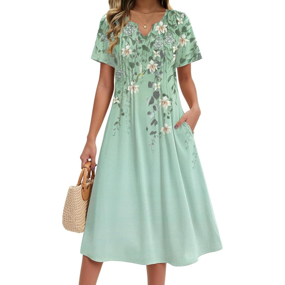 imageZeagoo Summer Dresses for Women 2026 Casual Short Sleeve Aline Midi Dress with Pocket Flowy Pleated Tshirt Beach SundressGreen Floral