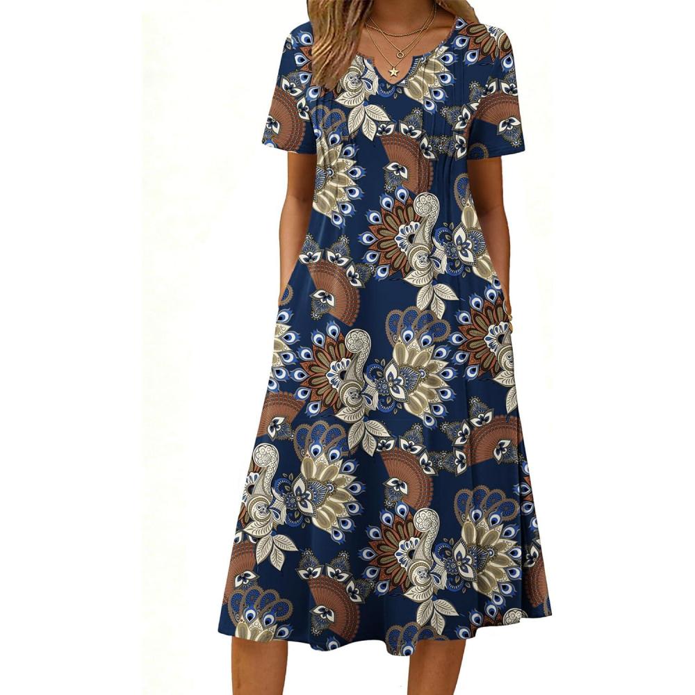 imageZeagoo Summer Dresses for Women 2026 Casual Short Sleeve Aline Midi Dress with Pocket Flowy Pleated Tshirt Beach SundressMz931