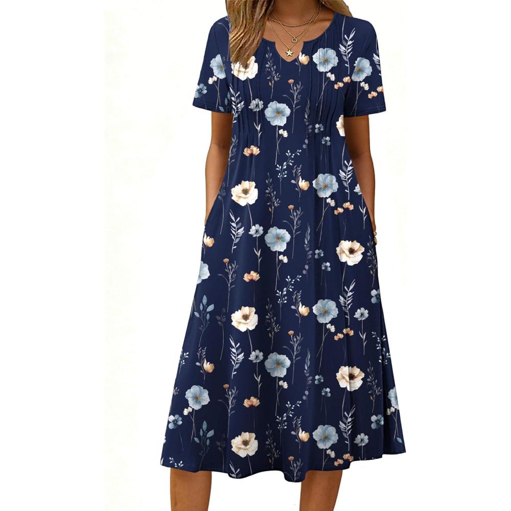 imageZeagoo Summer Dresses for Women 2026 Casual Short Sleeve Aline Midi Dress with Pocket Flowy Pleated Tshirt Beach SundressNavy Blue Print