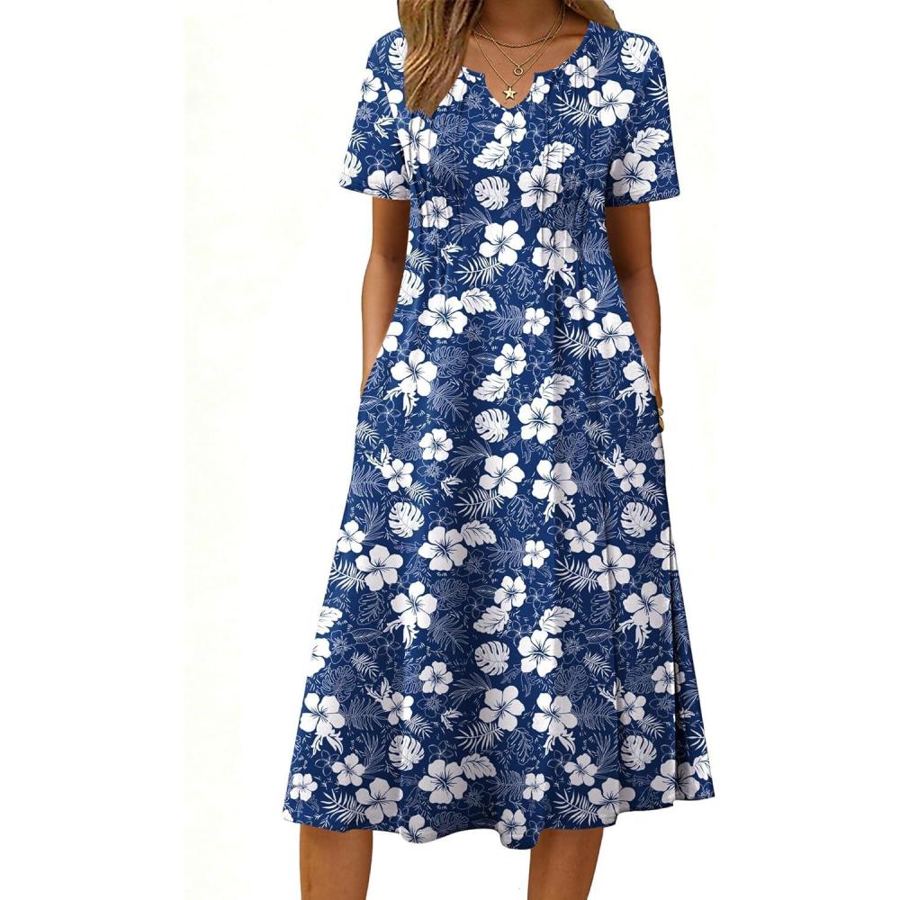 imageZeagoo Summer Dresses for Women 2026 Casual Short Sleeve Aline Midi Dress with Pocket Flowy Pleated Tshirt Beach SundressNavy Floral