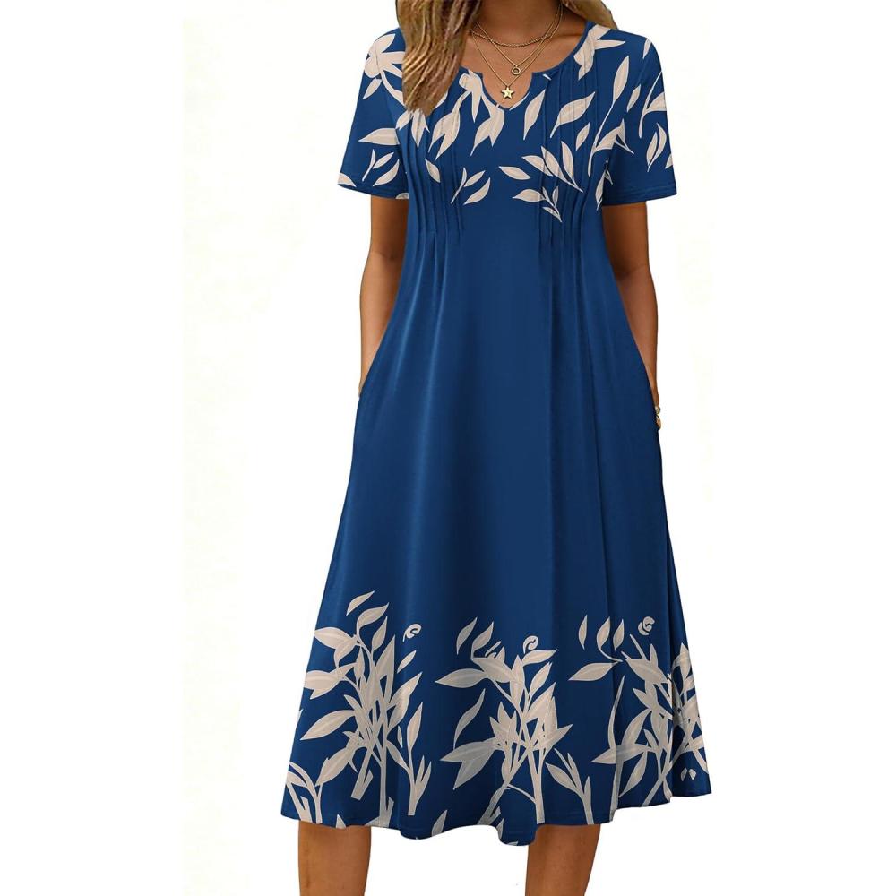 imageZeagoo Summer Dresses for Women 2026 Casual Short Sleeve Aline Midi Dress with Pocket Flowy Pleated Tshirt Beach SundressNavy Leaf Print