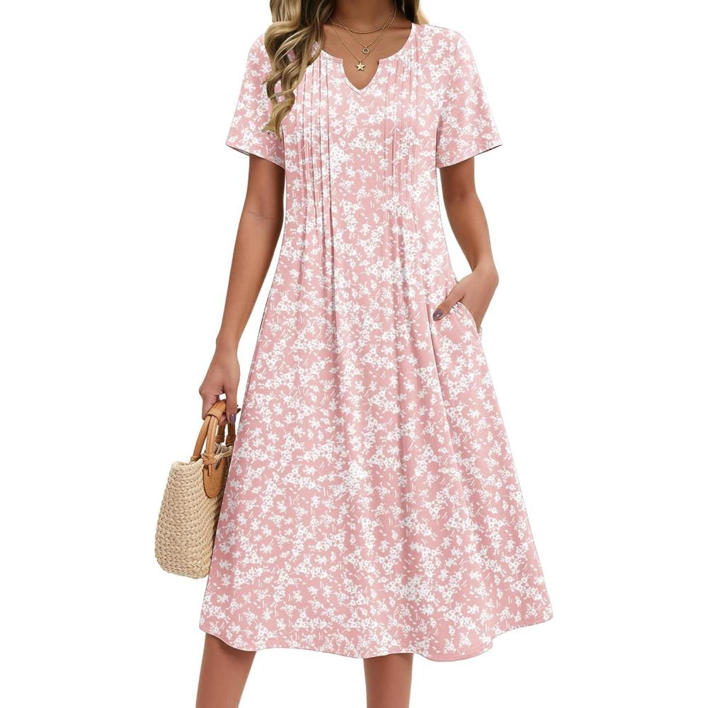imageZeagoo Summer Dresses for Women 2026 Casual Short Sleeve Aline Midi Dress with Pocket Flowy Pleated Tshirt Beach SundressPink Floral