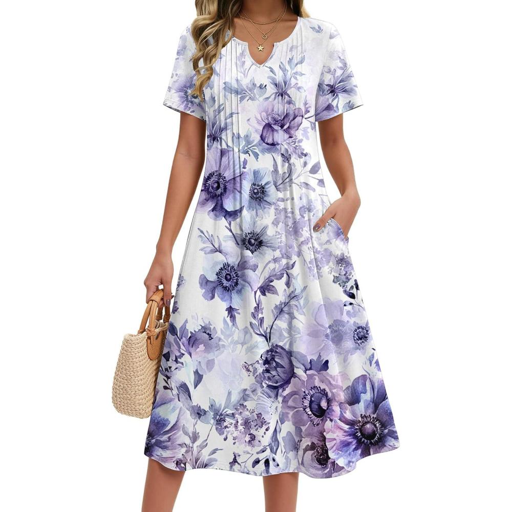 imageZeagoo Summer Dresses for Women 2026 Casual Short Sleeve Aline Midi Dress with Pocket Flowy Pleated Tshirt Beach SundressPurple