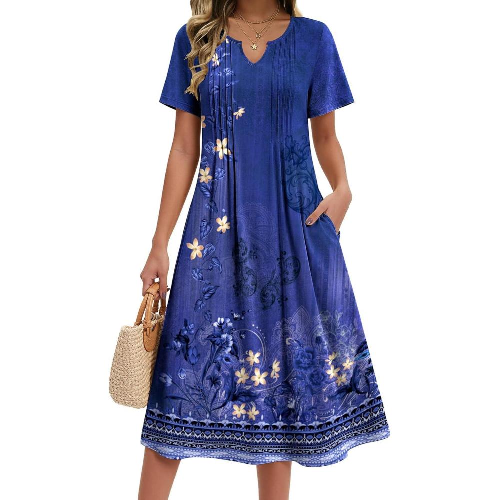 imageZeagoo Summer Dresses for Women 2026 Casual Short Sleeve Aline Midi Dress with Pocket Flowy Pleated Tshirt Beach SundressPurple Ethnic Print
