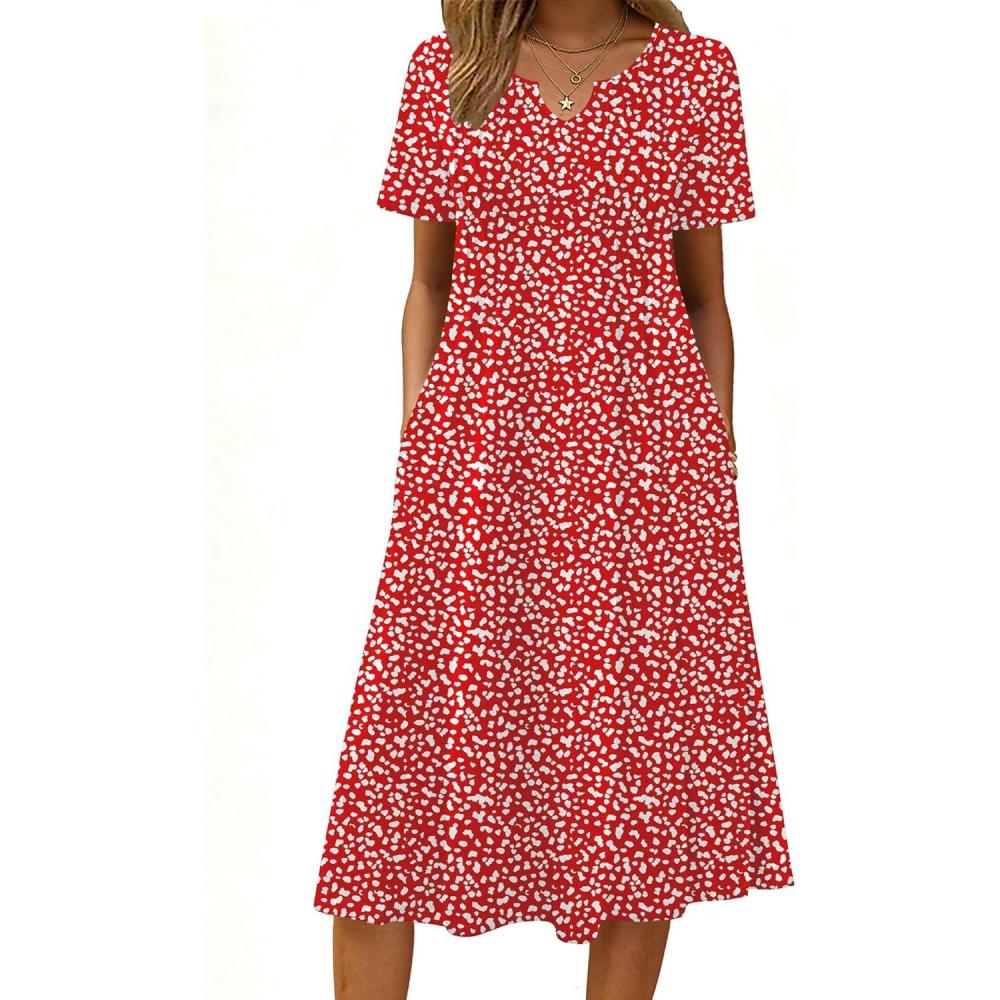 imageZeagoo Summer Dresses for Women 2026 Casual Short Sleeve Aline Midi Dress with Pocket Flowy Pleated Tshirt Beach SundressRed Round Dot Print