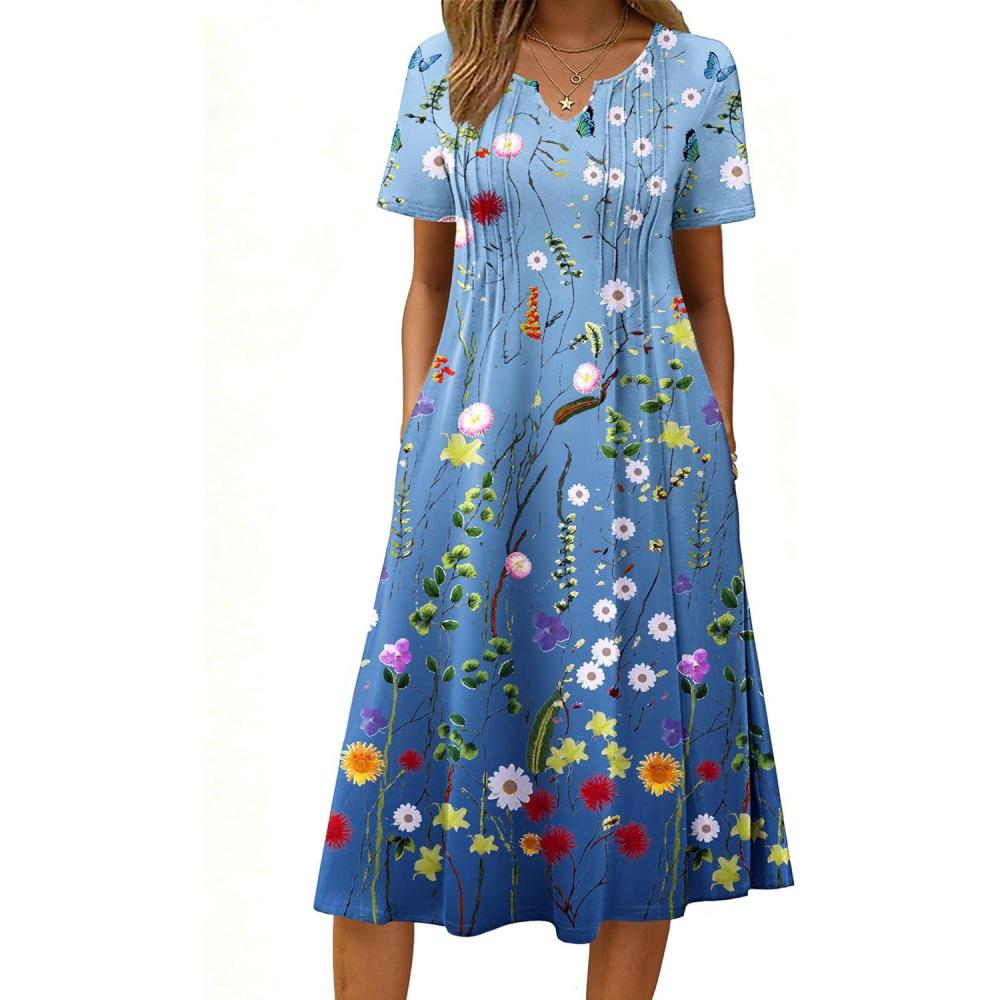 imageZeagoo Summer Dresses for Women 2026 Casual Short Sleeve Aline Midi Dress with Pocket Flowy Pleated Tshirt Beach SundressWf89