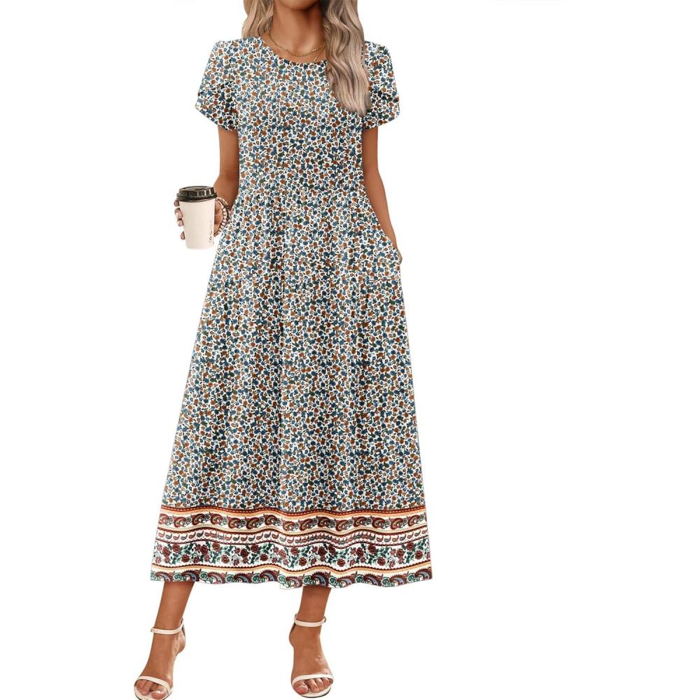 imageZeagoo Summer Dresses for Women 2026 Maxi Bohemian Floral Short Sleeve Long Dress Casual Flowy Tired Beach Sundress02mz914