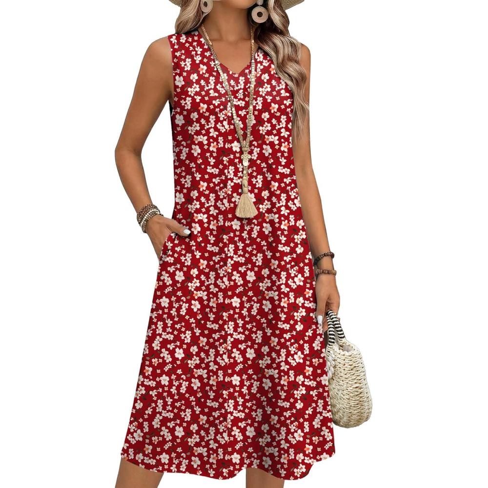 imageZeagoo Summer Dresses for Women 2026 Sleeveless V Neck Casual Midi Tank Dress Beach Vacation Sundresses with PocketsBf284