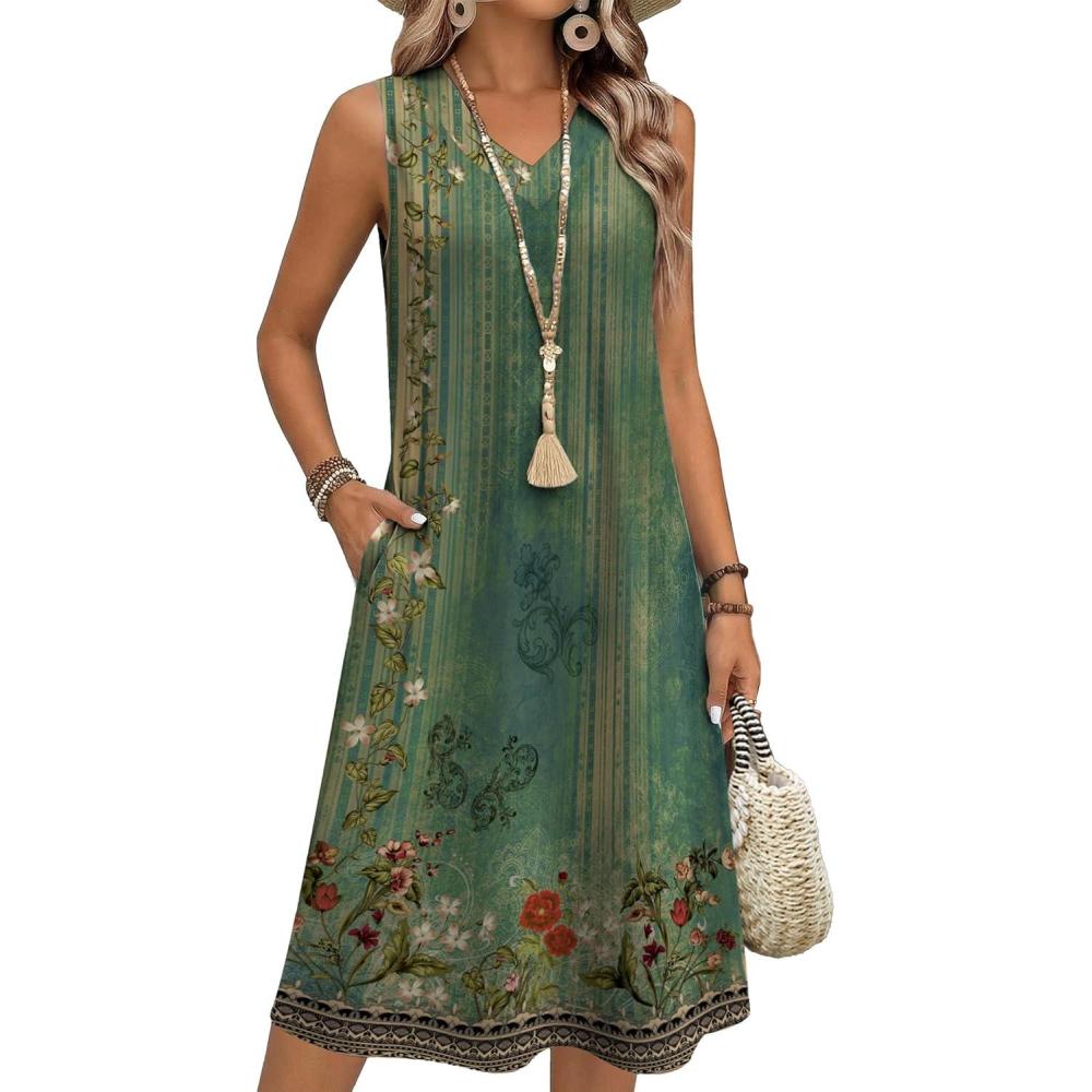 imageZeagoo Summer Dresses for Women 2026 Sleeveless V Neck Casual Midi Tank Dress Beach Vacation Sundresses with PocketsMz840