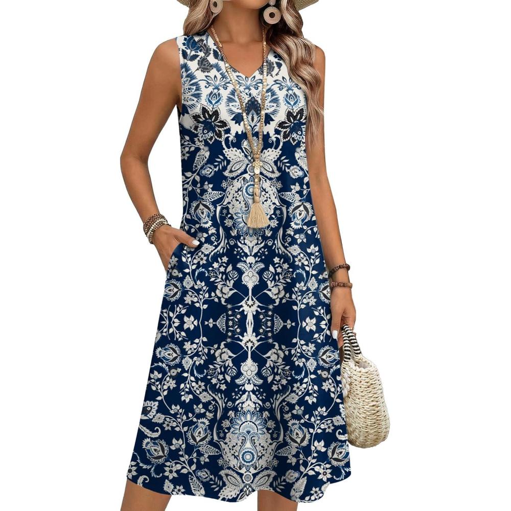 imageZeagoo Summer Dresses for Women 2026 Sleeveless V Neck Casual Midi Tank Dress Beach Vacation Sundresses with PocketsMz924