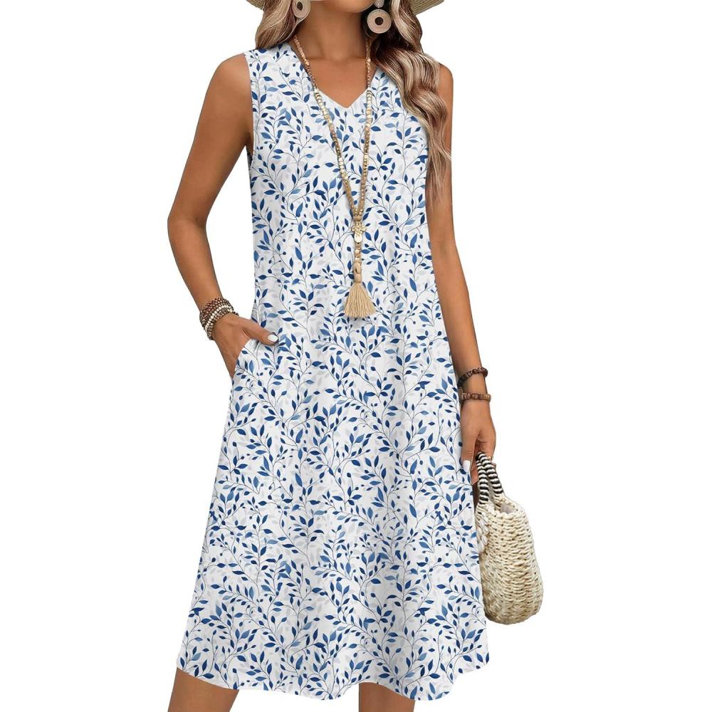 imageZeagoo Summer Dresses for Women 2026 Sleeveless V Neck Casual Midi Tank Dress Beach Vacation Sundresses with PocketsSp125