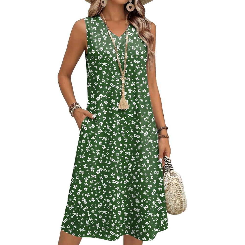 imageZeagoo Summer Dresses for Women 2026 Sleeveless V Neck Casual Midi Tank Dress Beach Vacation Sundresses with PocketsXh527