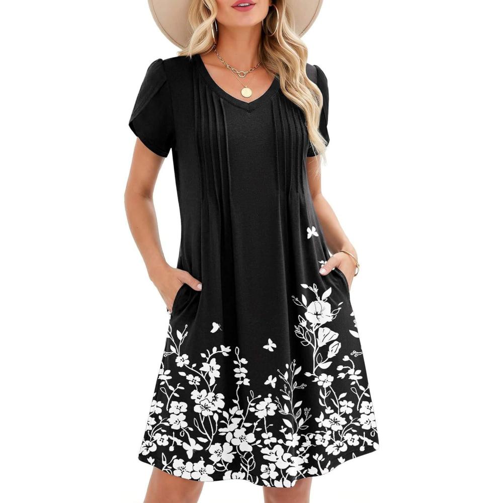 imageZeagoo Summer Dresses for Women Casual A Line Dress 2026 V Neck Short Dresses Floral Sundress Pleated Boho DressBlack Floral 01