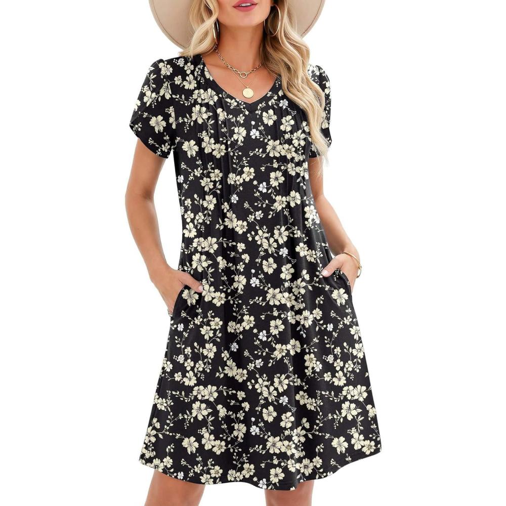 imageZeagoo Summer Dresses for Women Casual A Line Dress 2026 V Neck Short Dresses Floral Sundress Pleated Boho DressBlack Floral 03