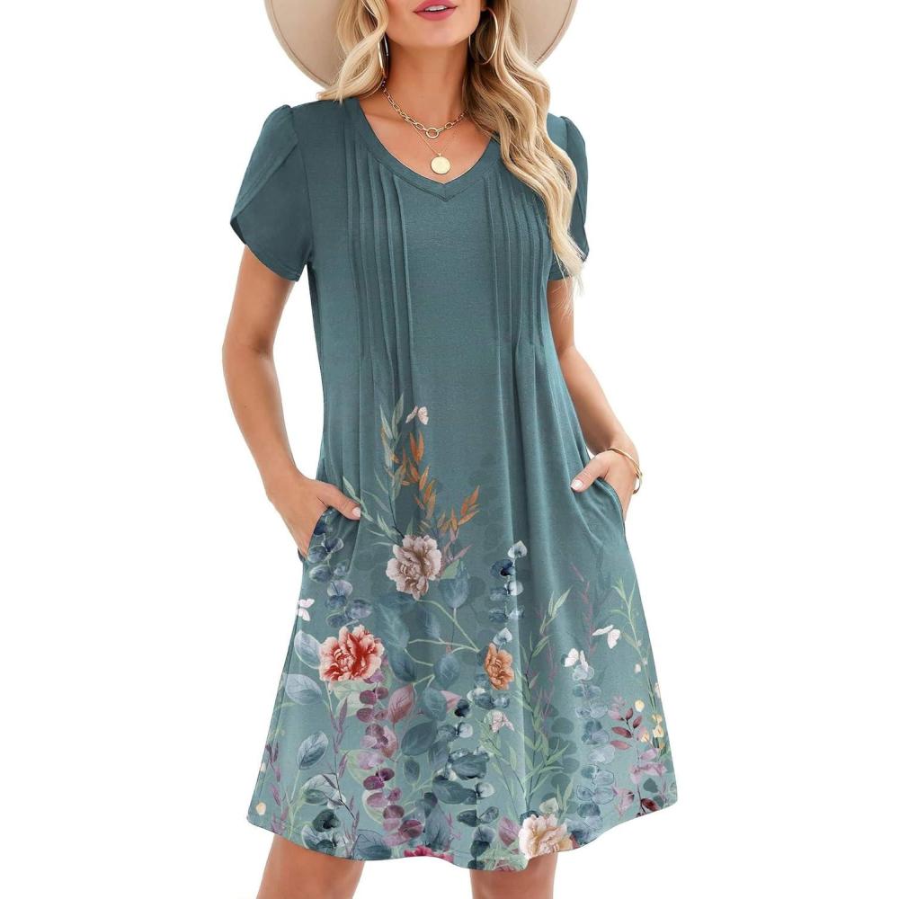 imageZeagoo Summer Dresses for Women Casual A Line Dress 2026 V Neck Short Dresses Floral Sundress Pleated Boho DressBlue Green 02