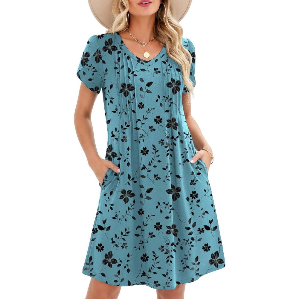 imageZeagoo Summer Dresses for Women Casual A Line Dress 2026 V Neck Short Dresses Floral Sundress Pleated Boho DressBlue Green Floral