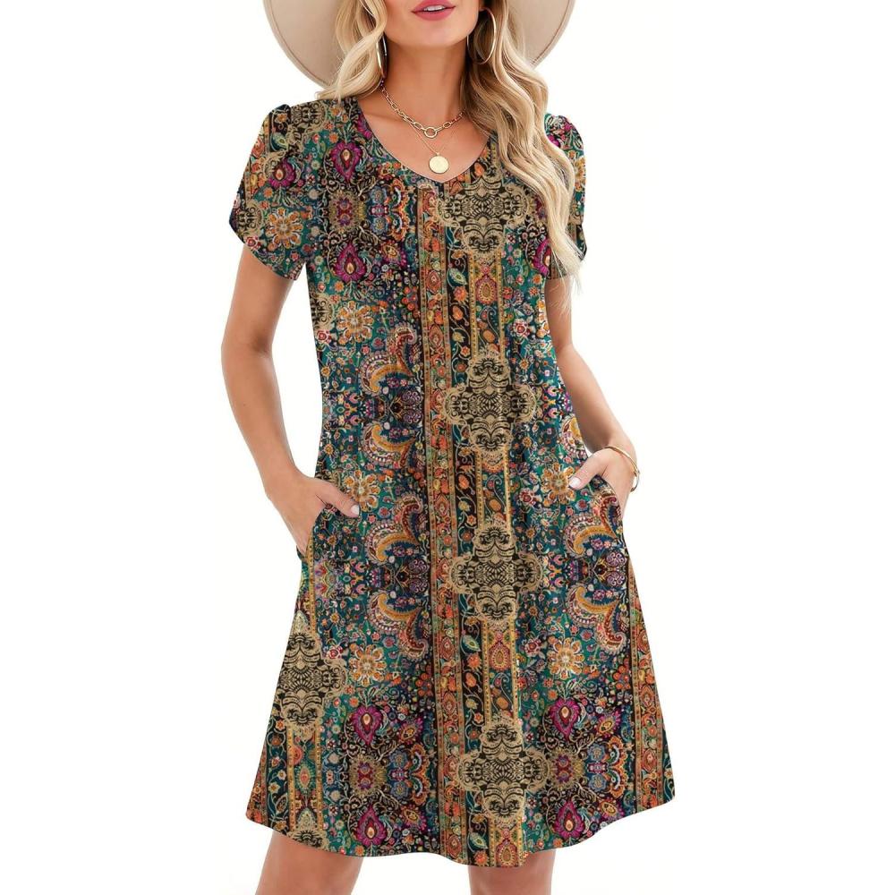 imageZeagoo Summer Dresses for Women Casual A Line Dress 2026 V Neck Short Dresses Floral Sundress Pleated Boho DressBoho Brown Print