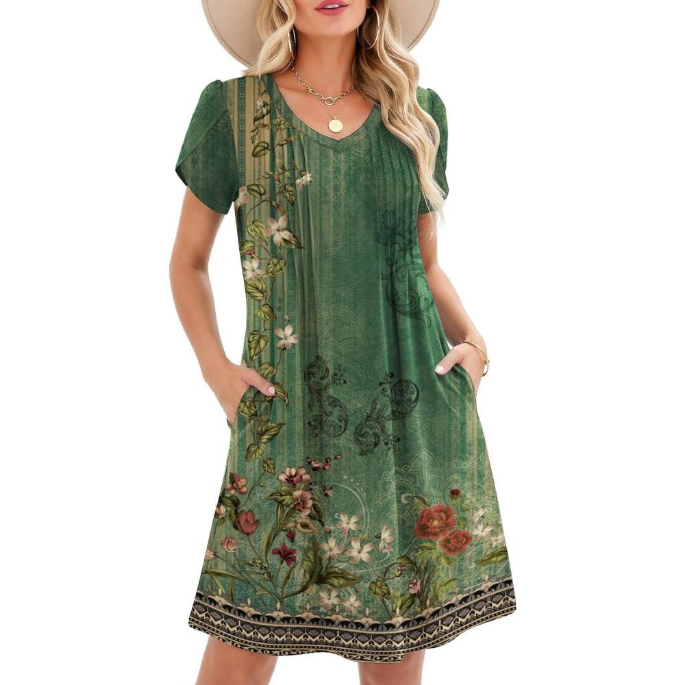 imageZeagoo Summer Dresses for Women Casual A Line Dress 2026 V Neck Short Dresses Floral Sundress Pleated Boho DressGreen Floral 01