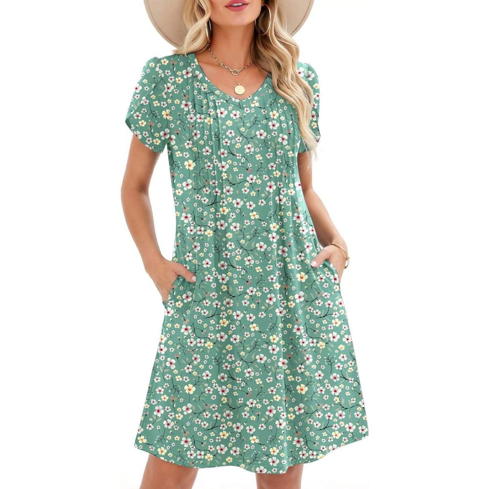 imageZeagoo Summer Dresses for Women Casual A Line Dress 2026 V Neck Short Dresses Floral Sundress Pleated Boho DressGreen Floral 02